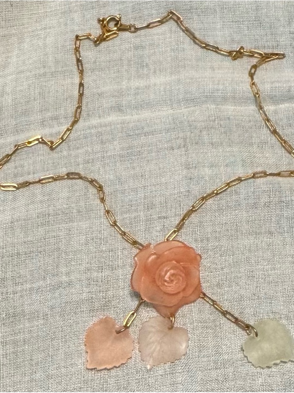 Vintage Pendant Necklace- Pink Rose with Dangling Leaves. Delicate and Pretty